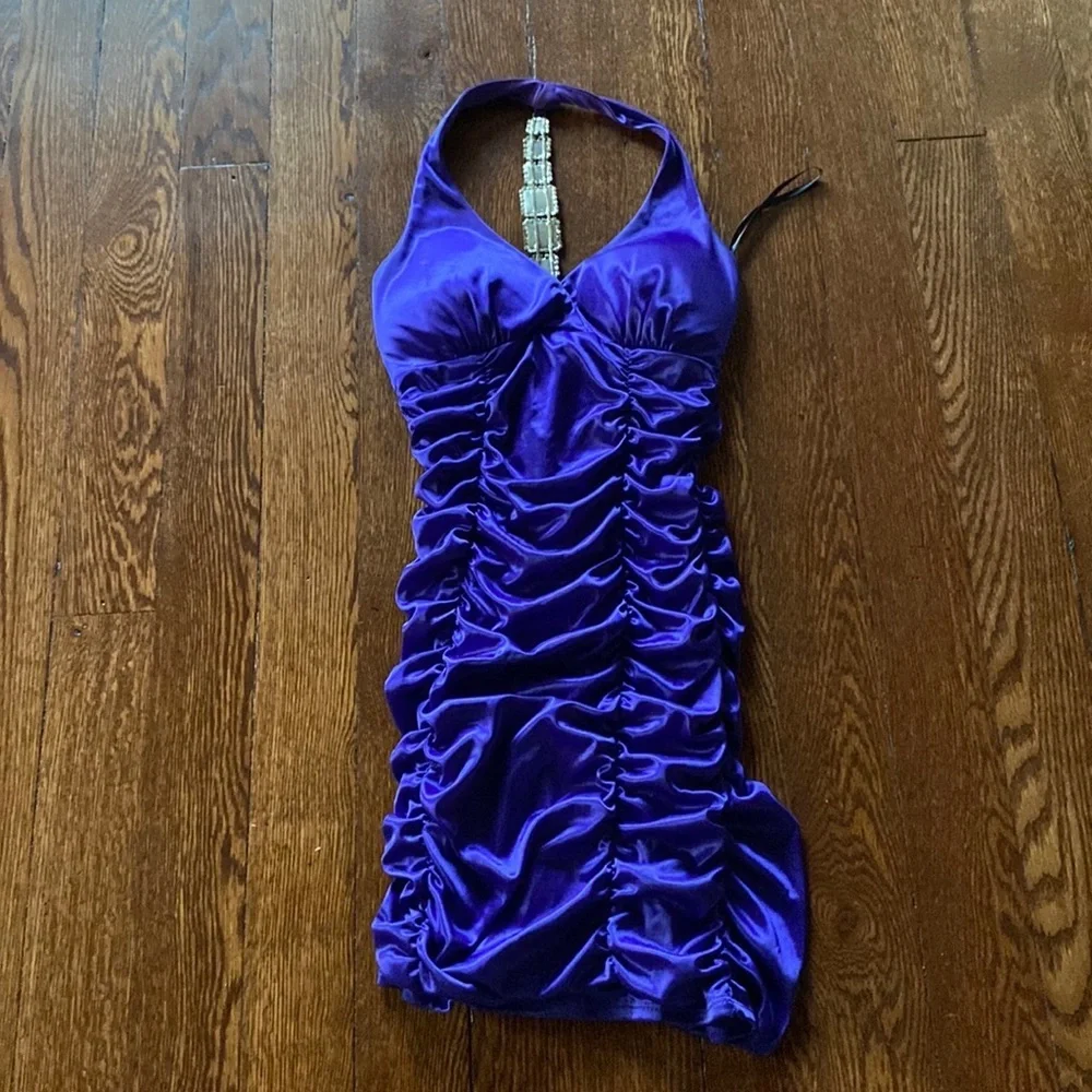 Deb Purple Satin Ruched Halter Mini Dress Rhinestone Back Party Cocktail SIZE S - Picture 1 of 7